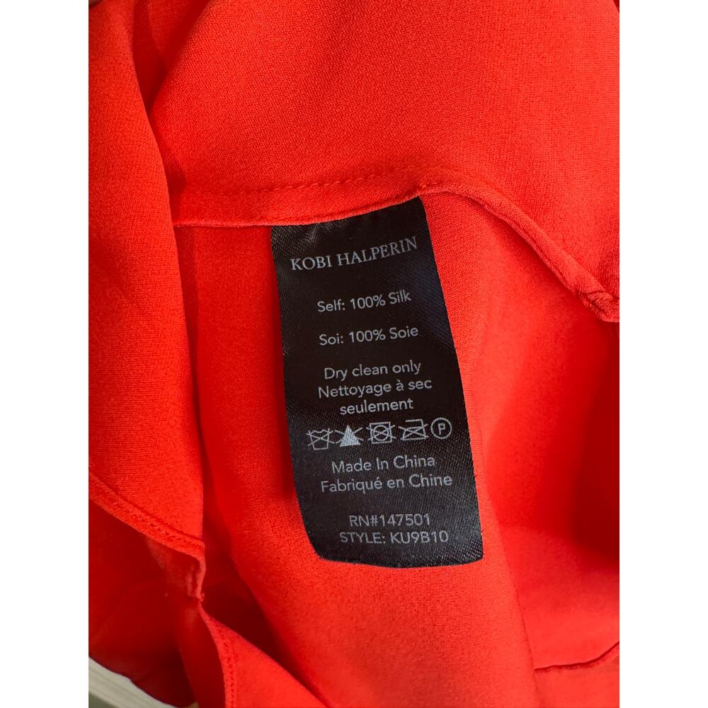 KOBI HALPERIN Carolina V-Neck Shirred Sleeve Silk Blouse Size M Red Ruffle Neck - Picture 8 of 8